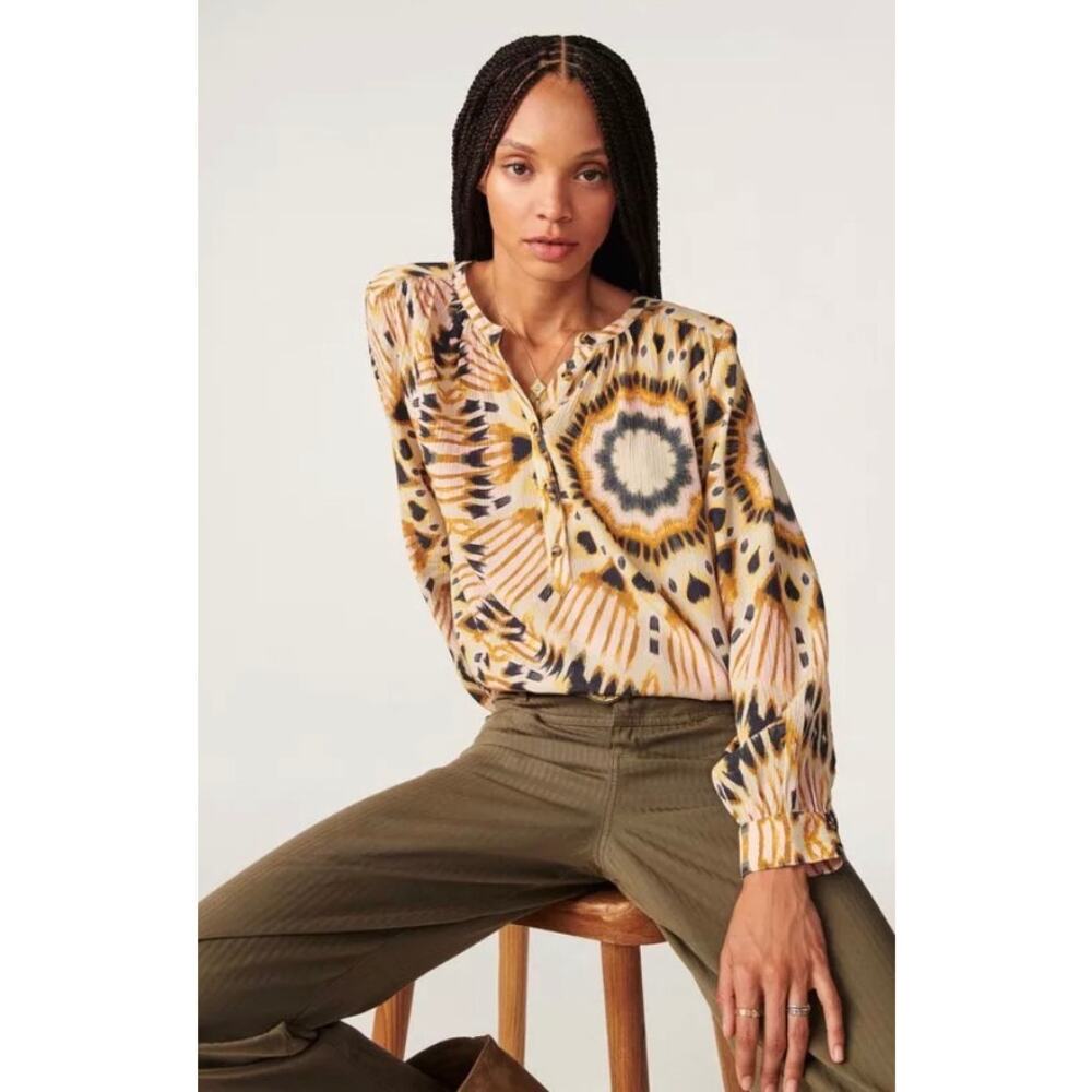 ba&sh Ikat Animal Print Long Sleeve Blouse | Parisian Boho | Crinkle Fabric
